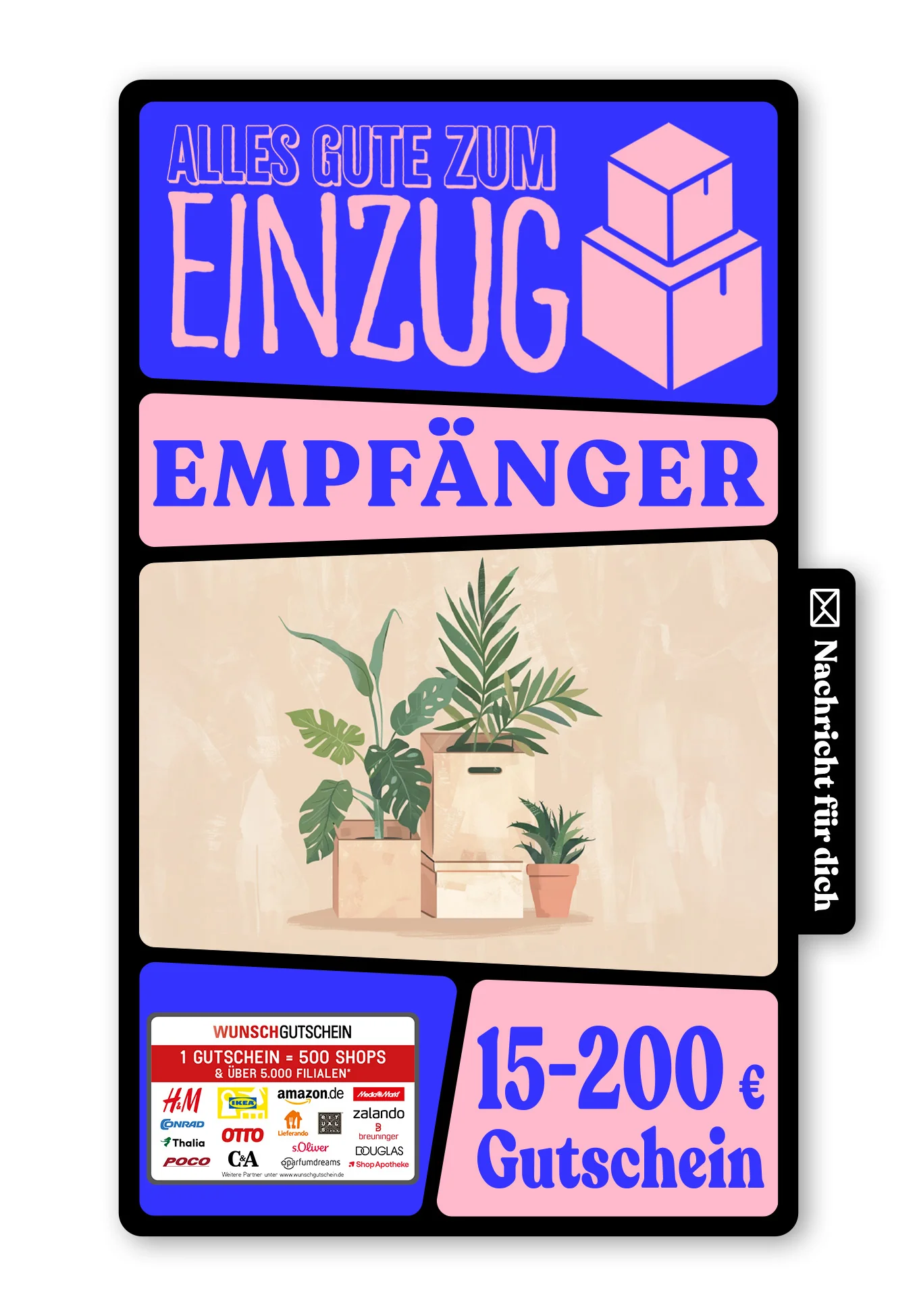 Digital - Glückwunsch zur neuen Wohnung - Kartons und Pflanzen